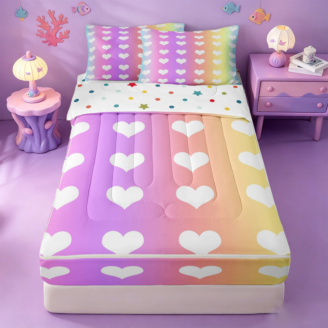 meiyoeat Rainbow Heart Print Zipper Full Size Comforter Sets with Fitted Sheet and 2 Pillowcases,Cute Love Pattern Zipper Bedding Set For Girl,Reversible,4 Pieces