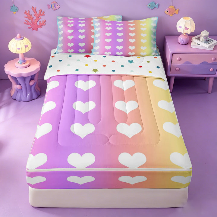 meiyoeat Rainbow Heart Print Zipper Full Size Comforter Sets with Fitted Sheet and 2 Pillowcases,Cute Love Pattern Zipper Bedding Set For Girl,Reversible,4 Pieces