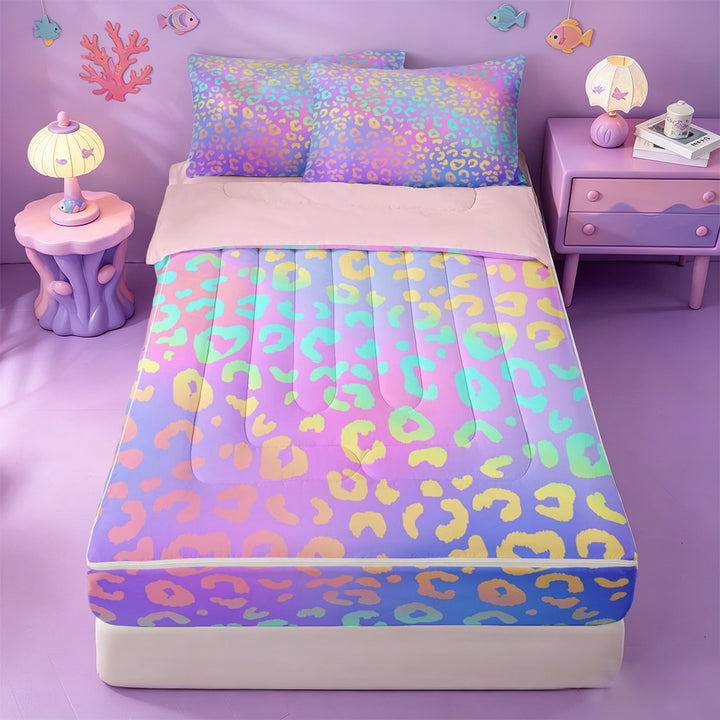 meiyoeat Pastel Rainbow Leopard Print Zipper Full Size Comforter Sets with Fitted Sheet and 2 Pillowcases,Colorful Animal Pattern Zipper Bedding Set For Girl,Reversible,4 Pieces