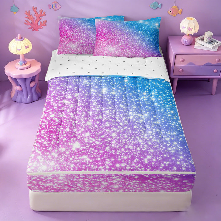 meiyoeat Blue Pink Glitter Print Zipper Full Size Comforter Sets with Fitted Sheet and 2 Pillowcases,Abstract Galaxy Starry Sky Zipper Bedding Set For Girl,Reversible,4-Piece