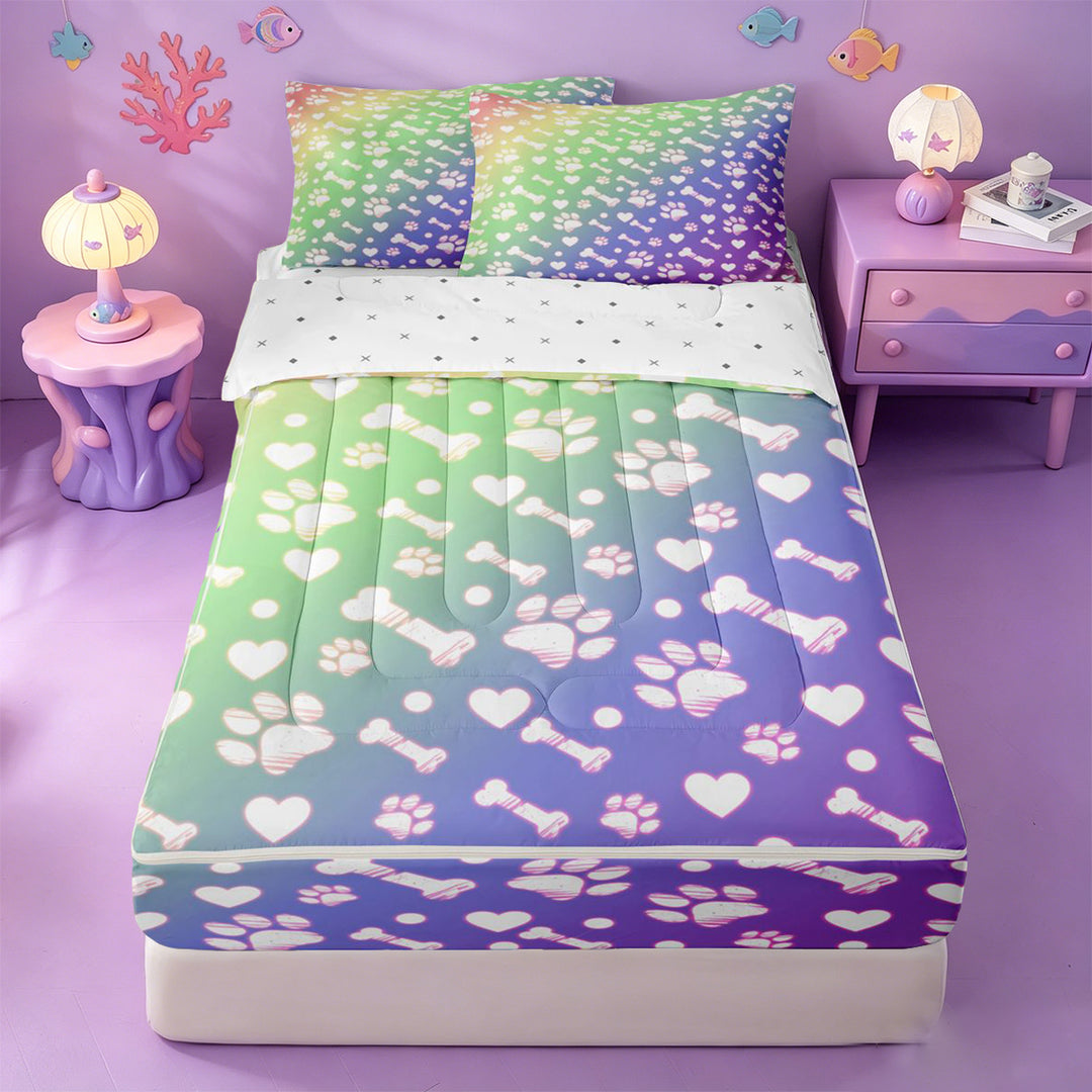 meiyoeat Rainbow Dog Paw Pattern Zipper Full Size Comforter Sets with Fitted Sheet and 2 Pillowcases,Cute Pet Print Zipper Bedding Set For Girl,Reversible,4 Pieces