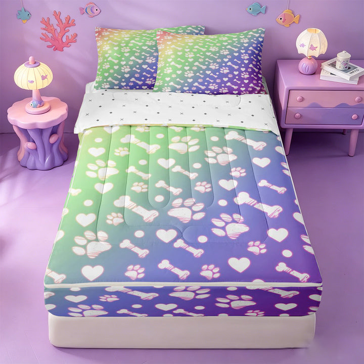 meiyoeat Rainbow Dog Paw Pattern Zipper Full Size Comforter Sets with Fitted Sheet and 2 Pillowcases,Cute Pet Print Zipper Bedding Set For Girl,Reversible,4 Pieces