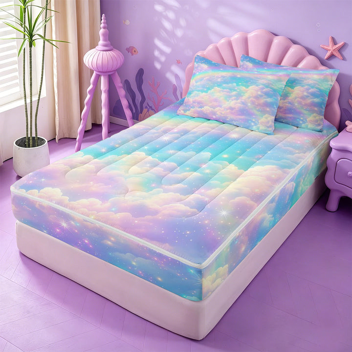 meiyoeat Rainbow Cloud Star Galaxy Zipper Full Size Comforter Sets with Fitted Sheet and 2 Pillowcases,Dreamy Sky Pattern Zipper Bedding Set For Girl,Reversible,4 Pieces