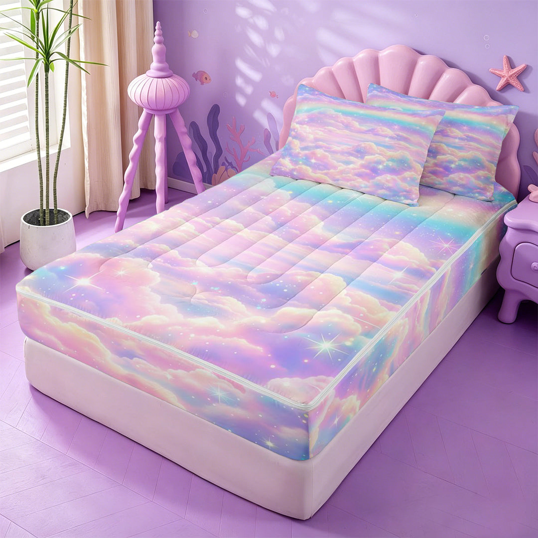 meiyoeat Pastel Cloud Star Zipper Full Size Comforter Sets with Fitted Sheet and 2 Pillowcases,Colorful Rainbow Pattern Zipper Bedding Set For Girl,Reversible,4-Piece