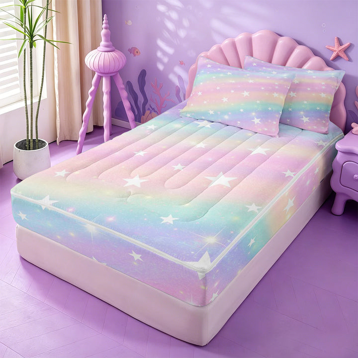 meiyoeat Colorful Gradient Zipper Full Size Comforter Sets with Fitted Sheet and 2 Pillowcases,Cute Rainbow Stars Print Zipper Bedding Set For Girl,Reversible,4 Pieces
