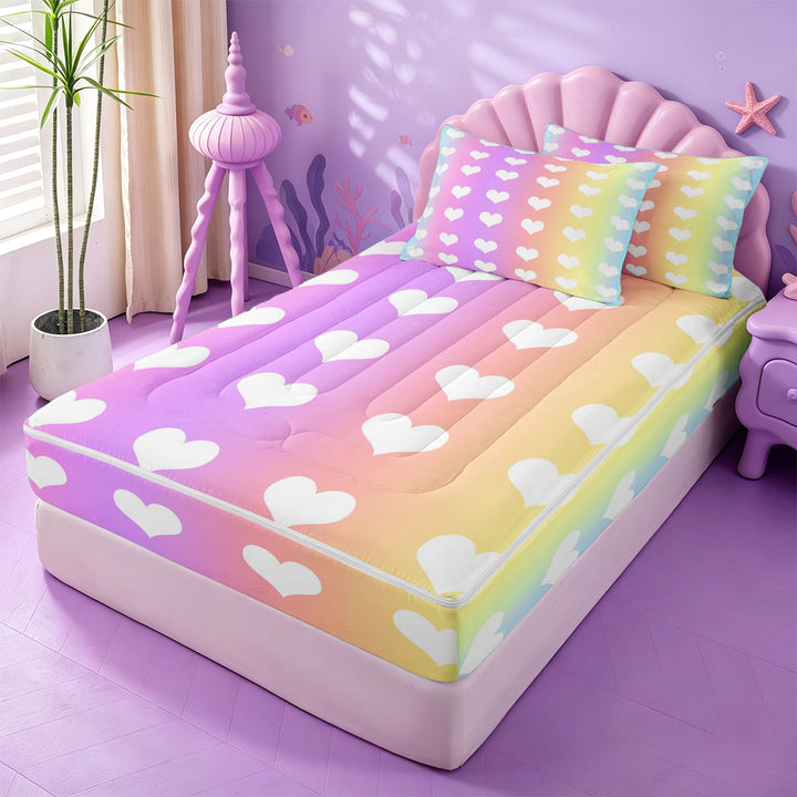 meiyoeat Rainbow Heart Print Zipper Full Size Comforter Sets with Fitted Sheet and 2 Pillowcases,Cute Love Pattern Zipper Bedding Set For Girl,Reversible,4 Pieces