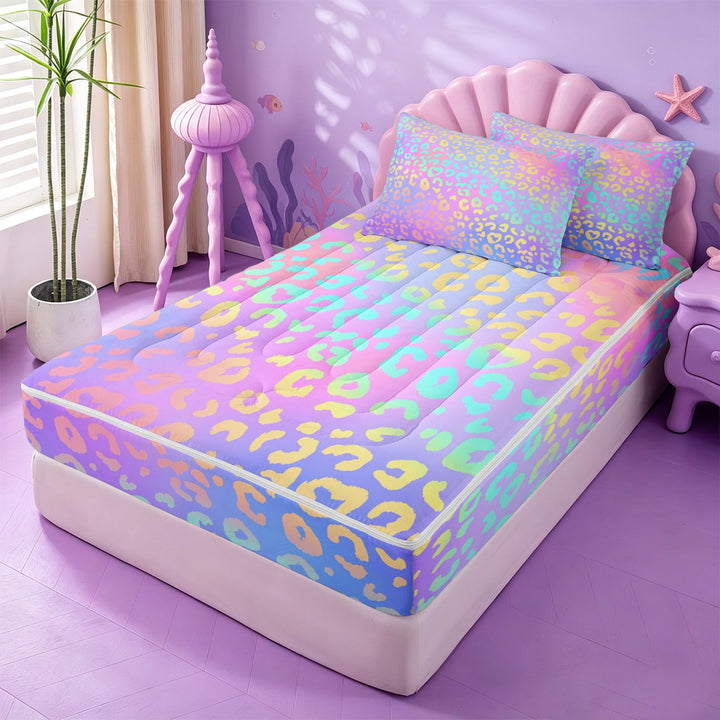 meiyoeat Pastel Rainbow Leopard Print Zipper Full Size Comforter Sets with Fitted Sheet and 2 Pillowcases,Colorful Animal Pattern Zipper Bedding Set For Girl,Reversible,4 Pieces