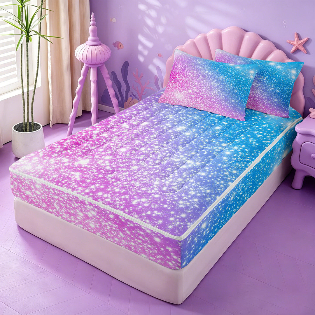 meiyoeat Blue Pink Glitter Print Zipper Full Size Comforter Sets with Fitted Sheet and 2 Pillowcases,Abstract Galaxy Starry Sky Zipper Bedding Set For Girl,Reversible,4-Piece