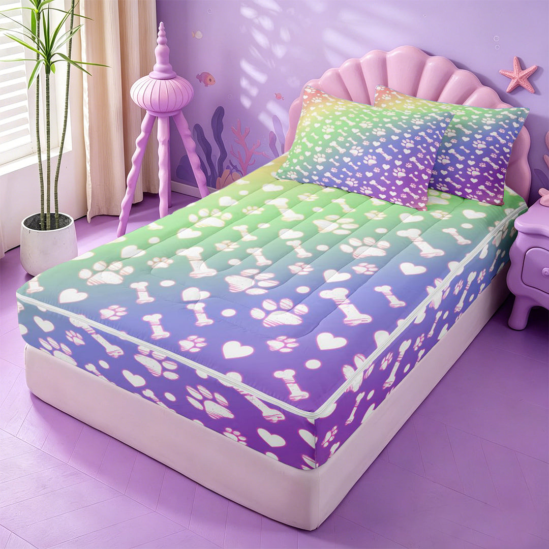 meiyoeat Rainbow Dog Paw Pattern Zipper Full Size Comforter Sets with Fitted Sheet and 2 Pillowcases,Cute Pet Print Zipper Bedding Set For Girl,Reversible,4 Pieces