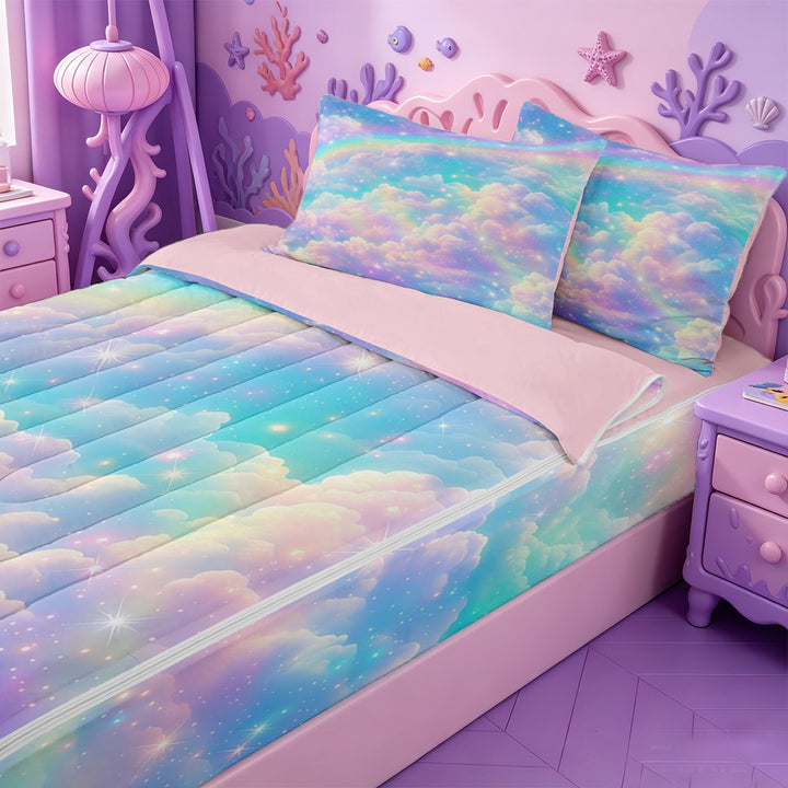 meiyoeat Rainbow Cloud Star Galaxy Zipper Full Size Comforter Sets with Fitted Sheet and 2 Pillowcases,Dreamy Sky Pattern Zipper Bedding Set For Girl,Reversible,4 Pieces