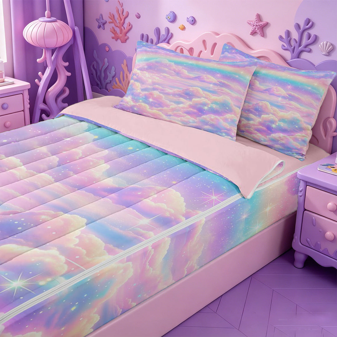 meiyoeat Pastel Cloud Star Zipper Full Size Comforter Sets with Fitted Sheet and 2 Pillowcases,Colorful Rainbow Pattern Zipper Bedding Set For Girl,Reversible,4-Piece