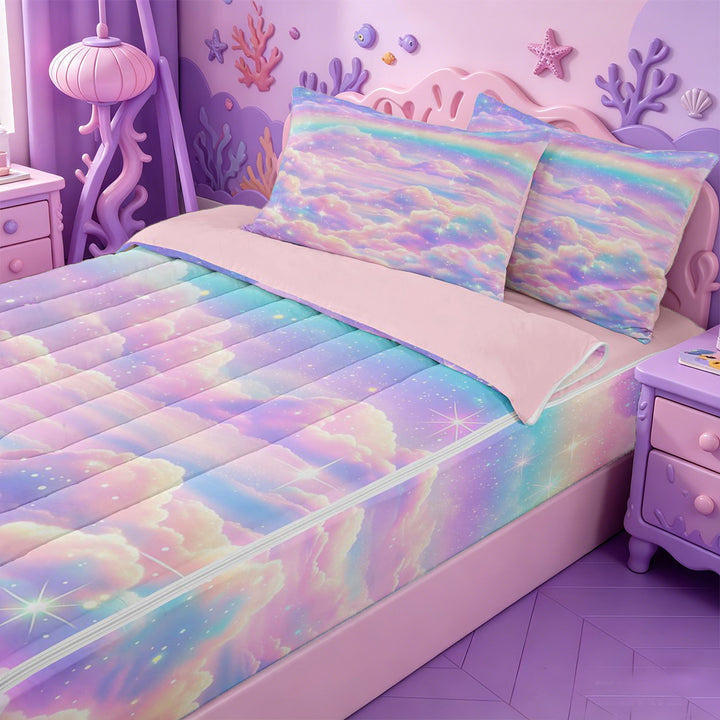 meiyoeat Pastel Cloud Star Zipper Full Size Comforter Sets with Fitted Sheet and 2 Pillowcases,Colorful Rainbow Pattern Zipper Bedding Set For Girl,Reversible,4-Piece