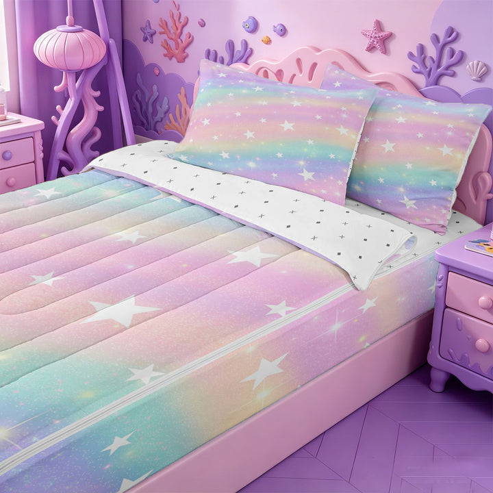 meiyoeat Colorful Gradient Zipper Full Size Comforter Sets with Fitted Sheet and 2 Pillowcases,Cute Rainbow Stars Print Zipper Bedding Set For Girl,Reversible,4 Pieces