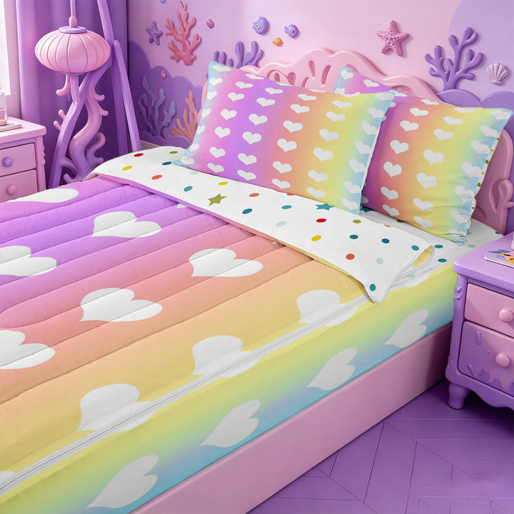 meiyoeat Rainbow Heart Print Zipper Full Size Comforter Sets with Fitted Sheet and 2 Pillowcases,Cute Love Pattern Zipper Bedding Set For Girl,Reversible,4 Pieces