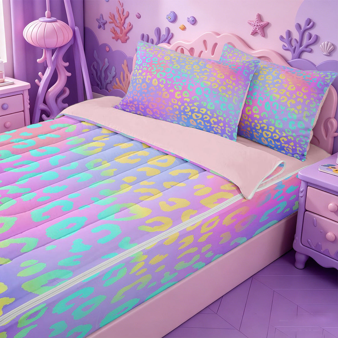 meiyoeat Pastel Rainbow Leopard Print Zipper Full Size Comforter Sets with Fitted Sheet and 2 Pillowcases,Colorful Animal Pattern Zipper Bedding Set For Girl,Reversible,4 Pieces