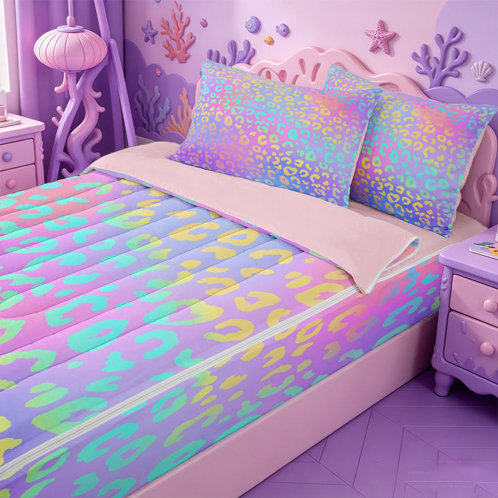 meiyoeat Pastel Rainbow Leopard Print Zipper Full Size Comforter Sets with Fitted Sheet and 2 Pillowcases,Colorful Animal Pattern Zipper Bedding Set For Girl,Reversible,4 Pieces