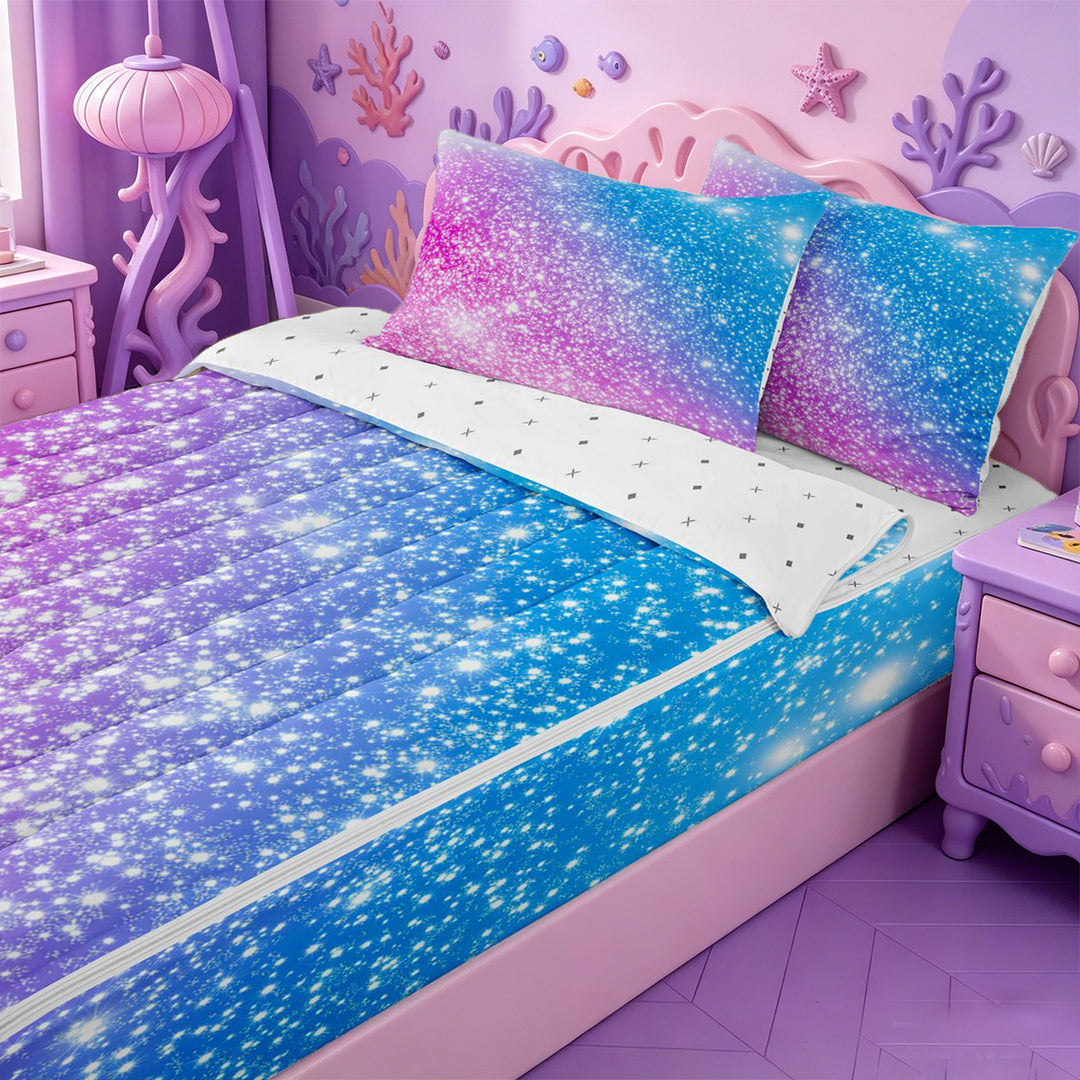 meiyoeat Blue Pink Glitter Print Zipper Full Size Comforter Sets with Fitted Sheet and 2 Pillowcases,Abstract Galaxy Starry Sky Zipper Bedding Set For Girl,Reversible,4-Piece