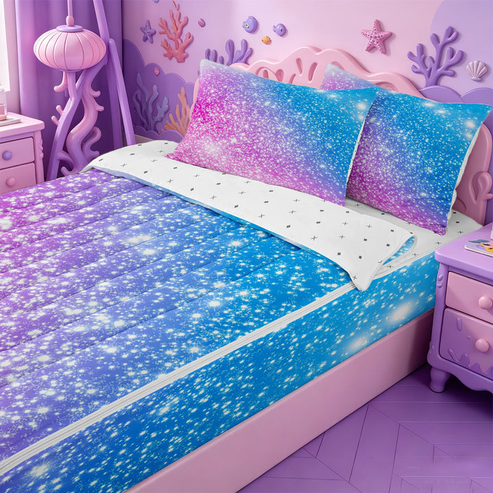 meiyoeat Blue Pink Glitter Print Zipper Full Size Comforter Sets with Fitted Sheet and 2 Pillowcases,Abstract Galaxy Starry Sky Zipper Bedding Set For Girl,Reversible,4-Piece