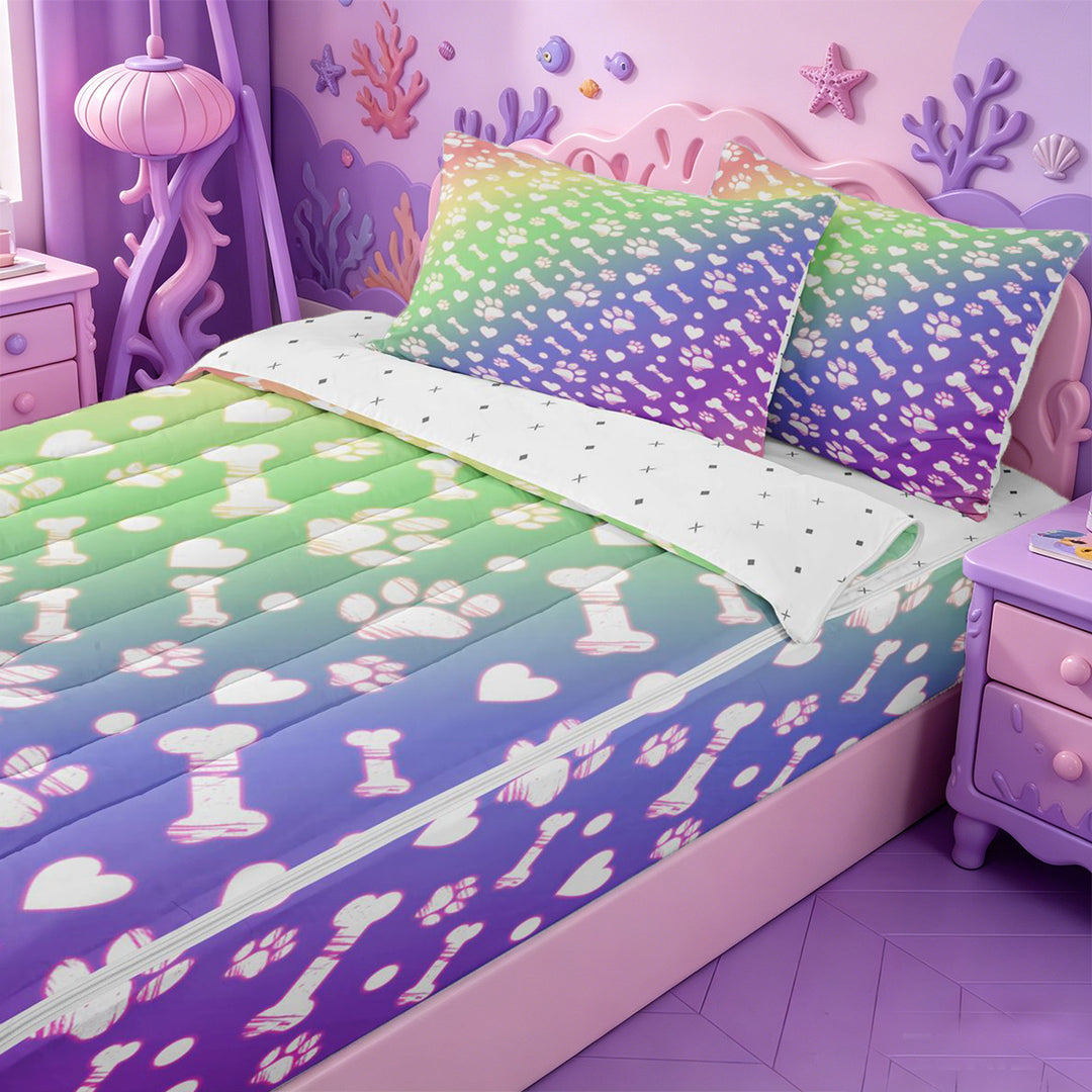meiyoeat Rainbow Dog Paw Pattern Zipper Full Size Comforter Sets with Fitted Sheet and 2 Pillowcases,Cute Pet Print Zipper Bedding Set For Girl,Reversible,4 Pieces