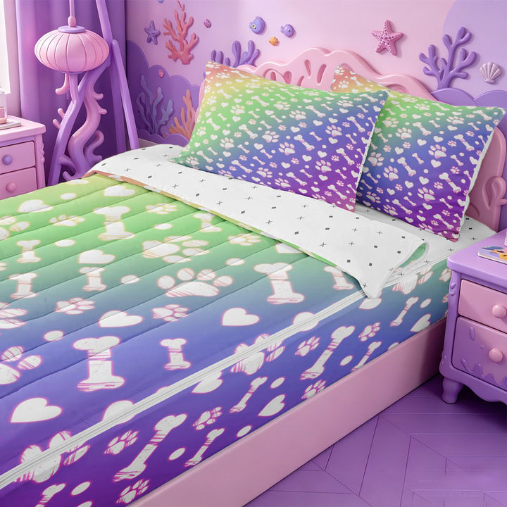 meiyoeat Rainbow Dog Paw Pattern Zipper Full Size Comforter Sets with Fitted Sheet and 2 Pillowcases,Cute Pet Print Zipper Bedding Set For Girl,Reversible,4 Pieces