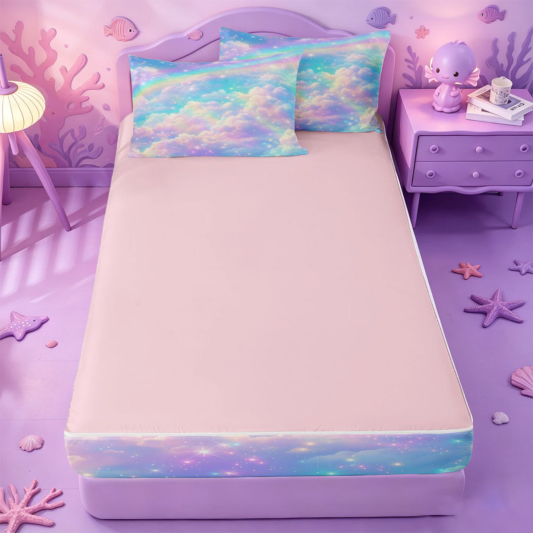 meiyoeat Rainbow Cloud Star Galaxy Zipper Full Size Comforter Sets with Fitted Sheet and 2 Pillowcases,Dreamy Sky Pattern Zipper Bedding Set For Girl,Reversible,4 Pieces
