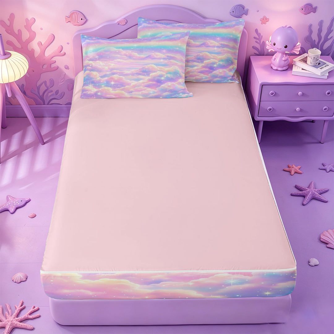 meiyoeat Pastel Cloud Star Zipper Full Size Comforter Sets with Fitted Sheet and 2 Pillowcases,Colorful Rainbow Pattern Zipper Bedding Set For Girl,Reversible,4-Piece