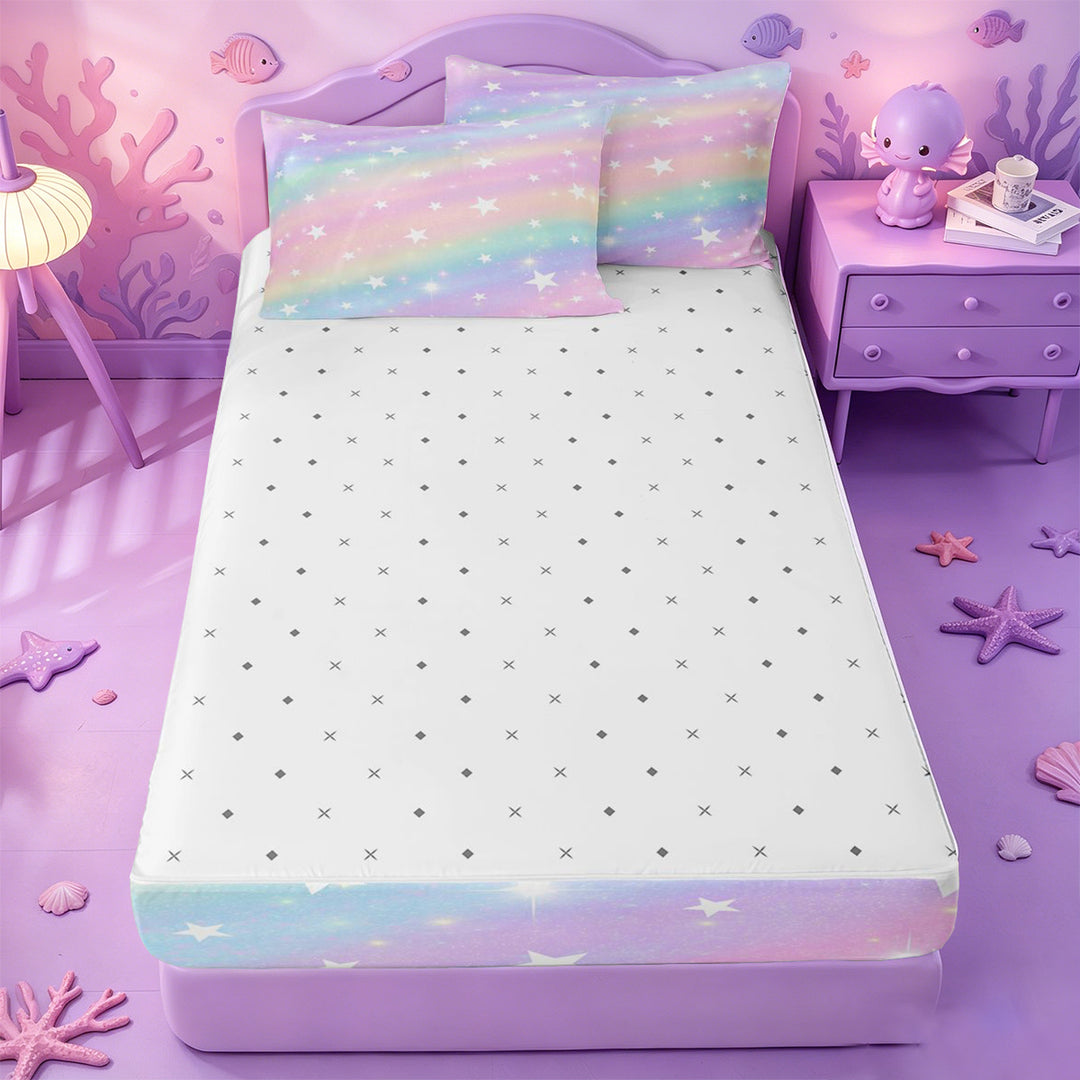 meiyoeat Colorful Gradient Zipper Full Size Comforter Sets with Fitted Sheet and 2 Pillowcases,Cute Rainbow Stars Print Zipper Bedding Set For Girl,Reversible,4 Pieces