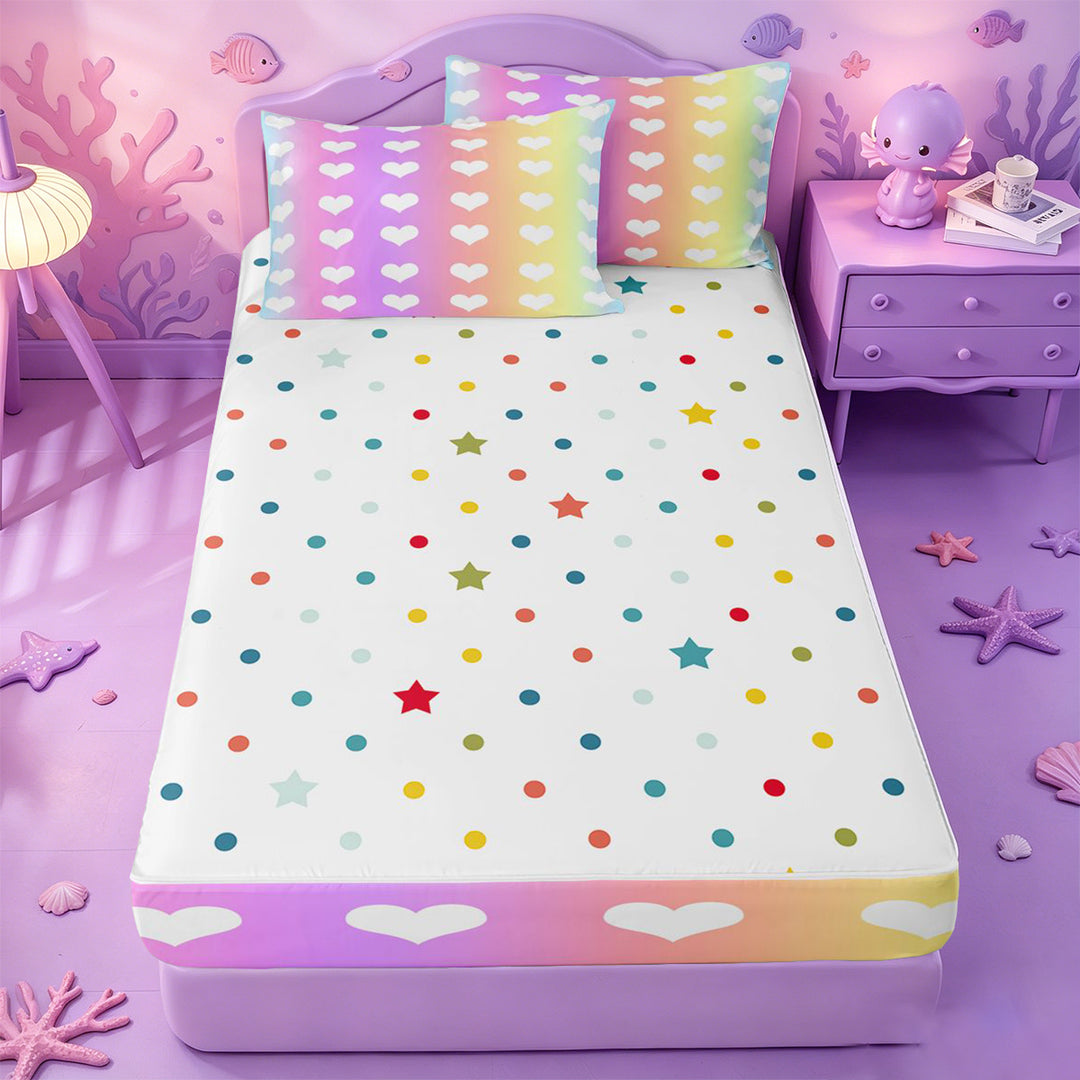 meiyoeat Rainbow Heart Print Zipper Full Size Comforter Sets with Fitted Sheet and 2 Pillowcases,Cute Love Pattern Zipper Bedding Set For Girl,Reversible,4 Pieces