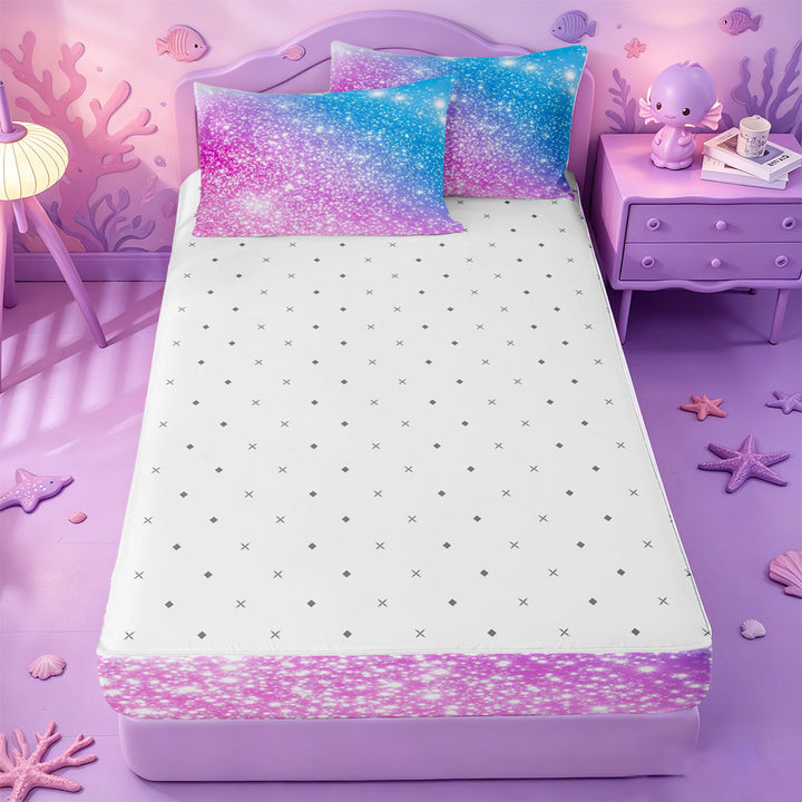 meiyoeat Blue Pink Glitter Print Zipper Full Size Comforter Sets with Fitted Sheet and 2 Pillowcases,Abstract Galaxy Starry Sky Zipper Bedding Set For Girl,Reversible,4-Piece