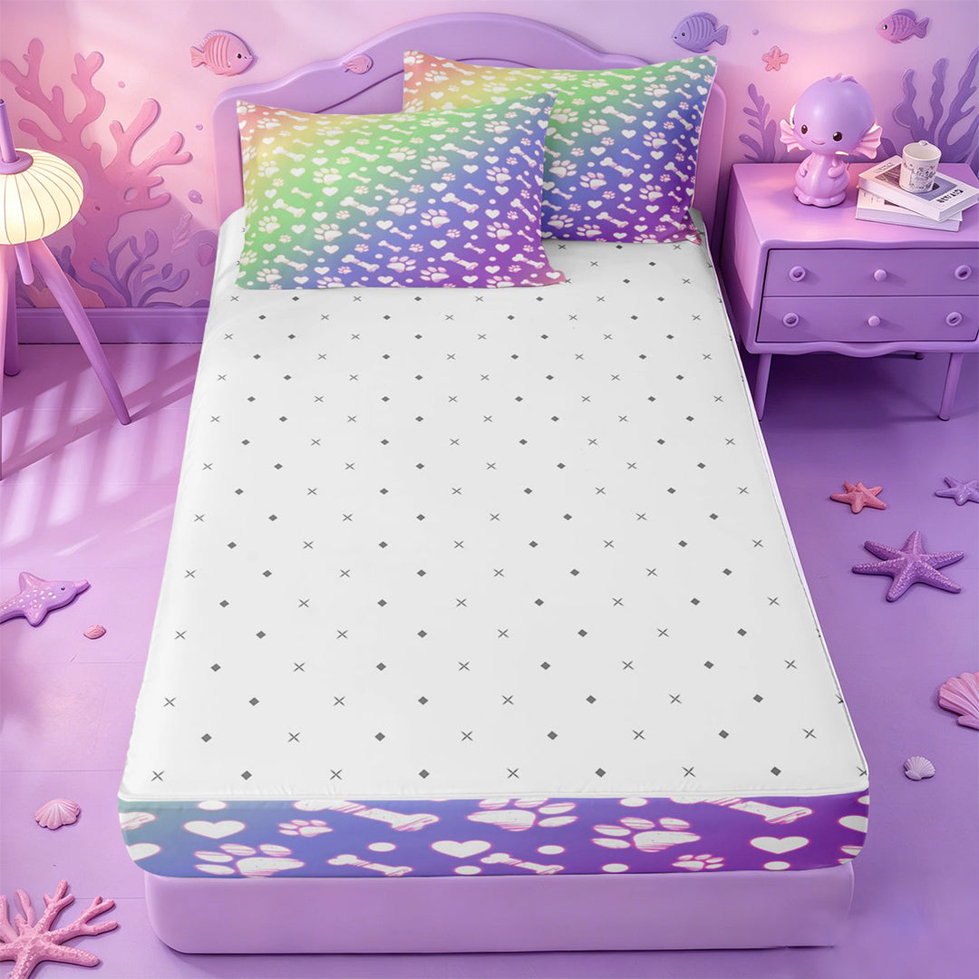 meiyoeat Rainbow Dog Paw Pattern Zipper Full Size Comforter Sets with Fitted Sheet and 2 Pillowcases,Cute Pet Print Zipper Bedding Set For Girl,Reversible,4 Pieces