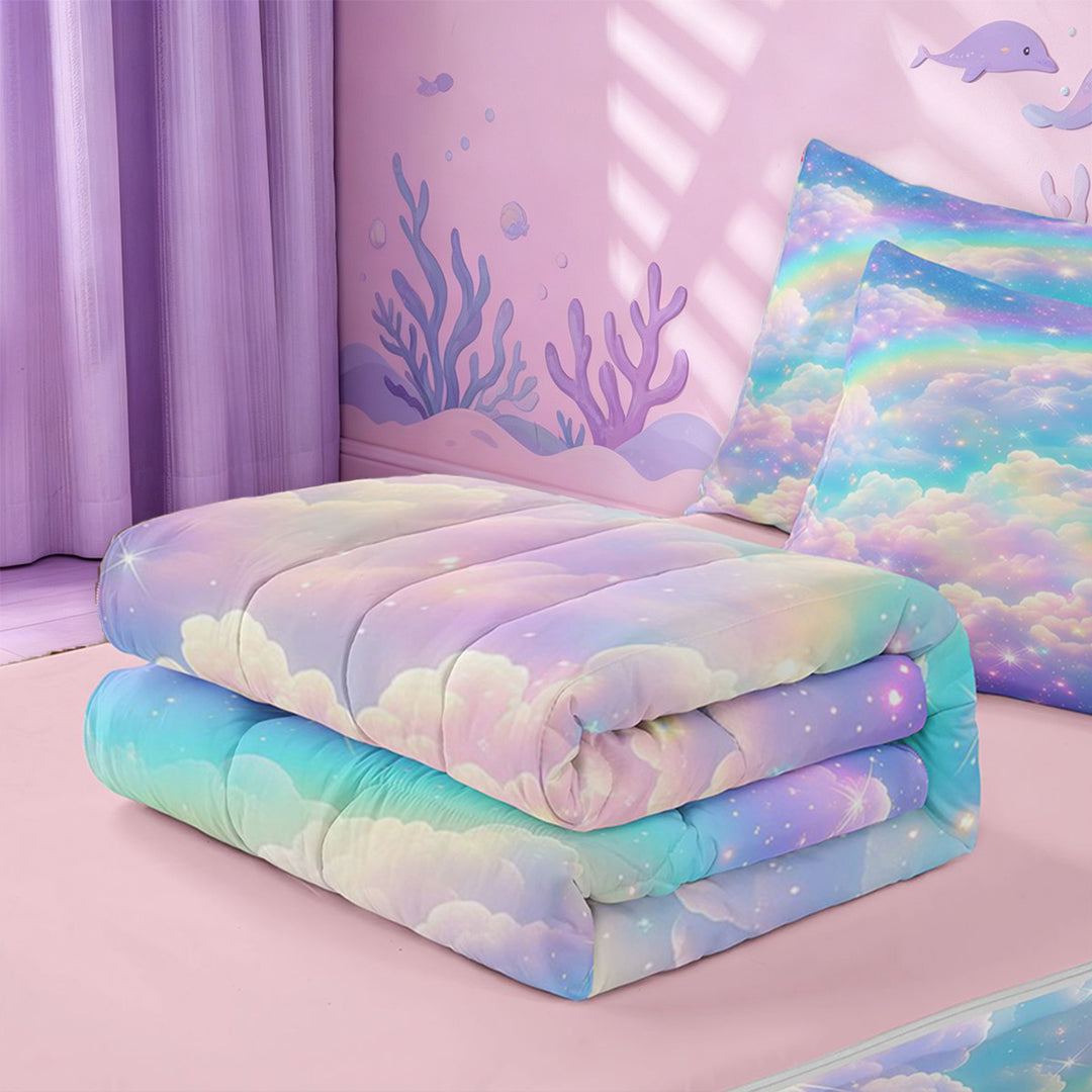 meiyoeat Rainbow Cloud Star Galaxy Zipper Full Size Comforter Sets with Fitted Sheet and 2 Pillowcases,Dreamy Sky Pattern Zipper Bedding Set For Girl,Reversible,4 Pieces