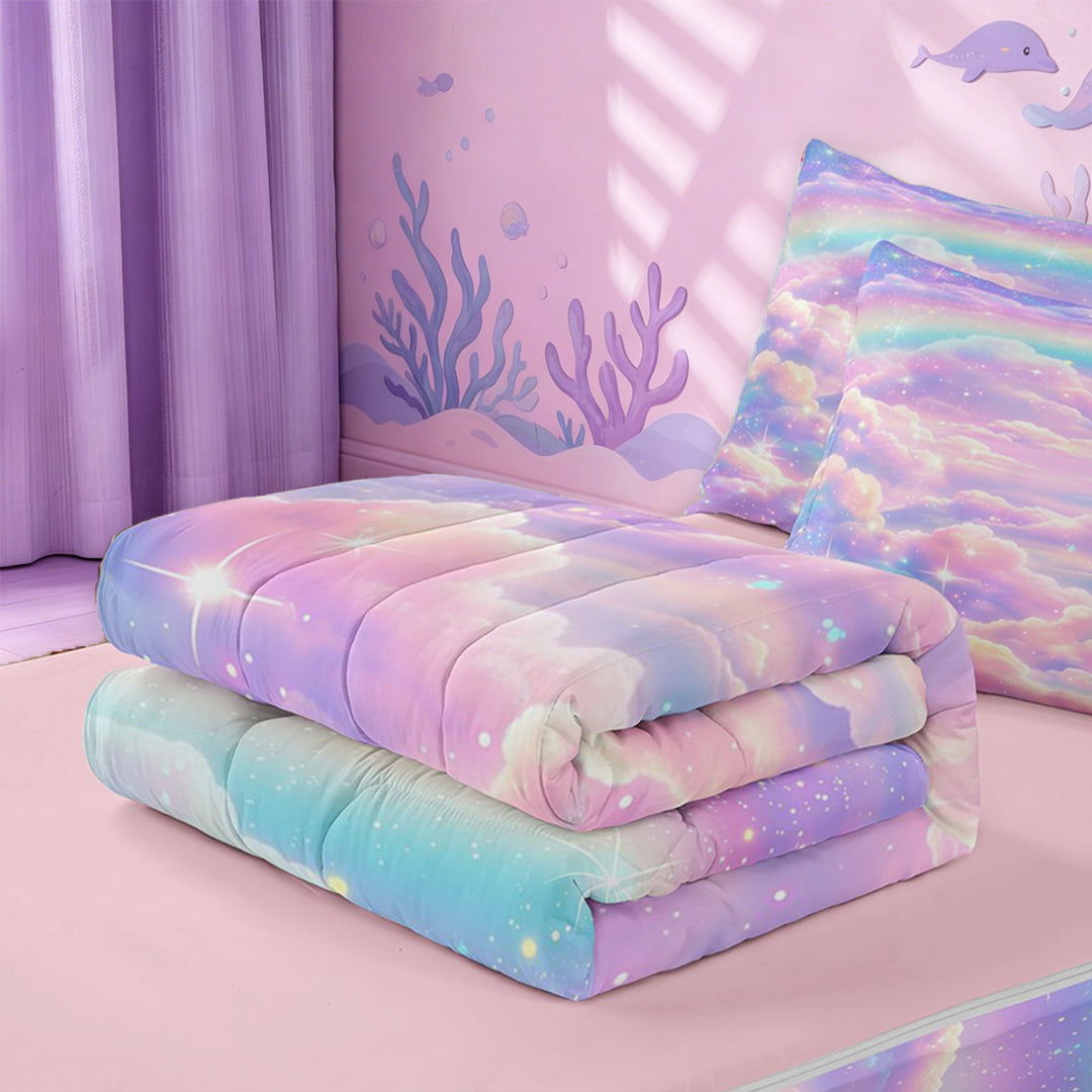 meiyoeat Pastel Cloud Star Zipper Full Size Comforter Sets with Fitted Sheet and 2 Pillowcases,Colorful Rainbow Pattern Zipper Bedding Set For Girl,Reversible,4-Piece