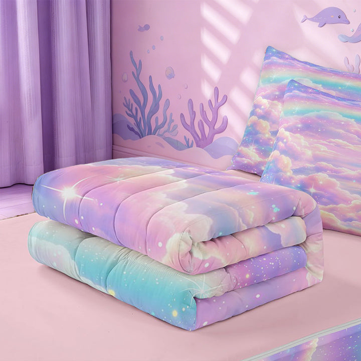 meiyoeat Pastel Cloud Star Zipper Full Size Comforter Sets with Fitted Sheet and 2 Pillowcases,Colorful Rainbow Pattern Zipper Bedding Set For Girl,Reversible,4-Piece