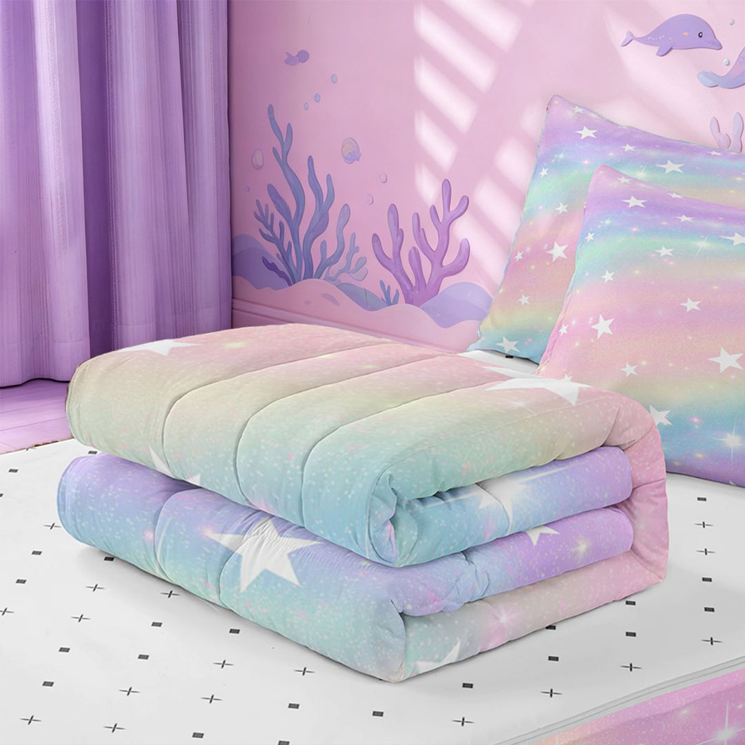 meiyoeat Colorful Gradient Zipper Full Size Comforter Sets with Fitted Sheet and 2 Pillowcases,Cute Rainbow Stars Print Zipper Bedding Set For Girl,Reversible,4 Pieces