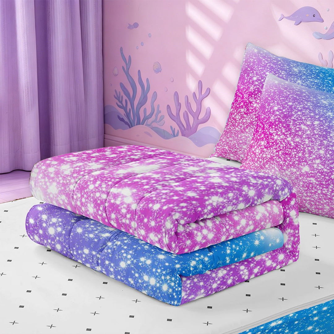 meiyoeat Blue Pink Glitter Print Zipper Full Size Comforter Sets with Fitted Sheet and 2 Pillowcases,Abstract Galaxy Starry Sky Zipper Bedding Set For Girl,Reversible,4-Piece