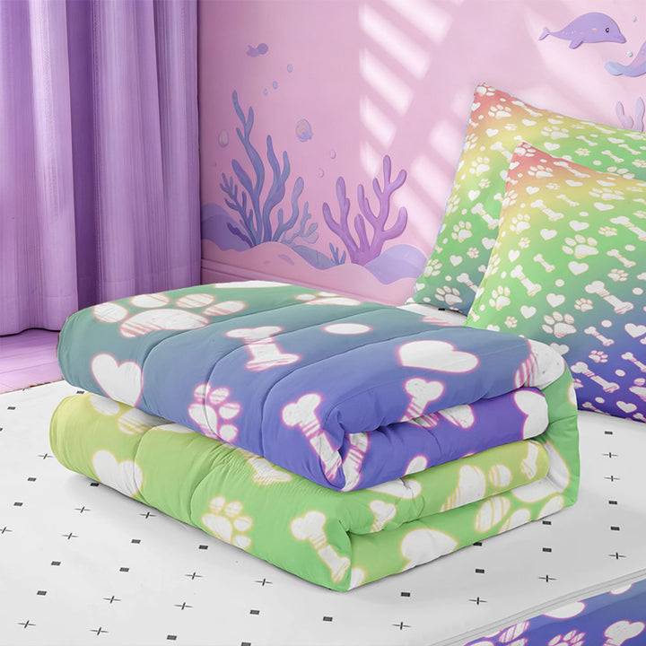 meiyoeat Rainbow Dog Paw Pattern Zipper Full Size Comforter Sets with Fitted Sheet and 2 Pillowcases,Cute Pet Print Zipper Bedding Set For Girl,Reversible,4 Pieces