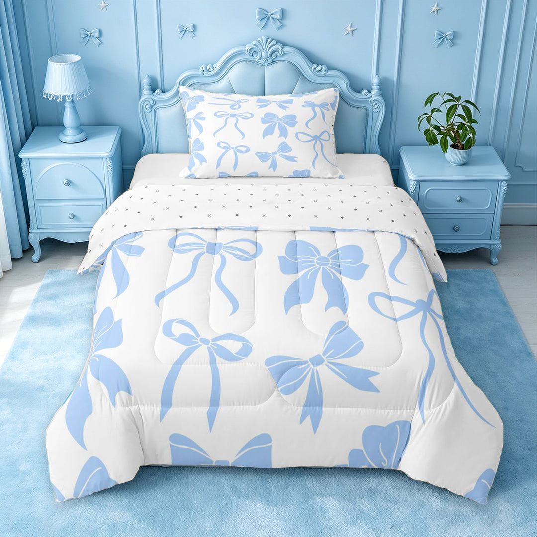 meiyoeat Blue Lovely Bow Full Size Comforter Sets For Girls,Dreamy Princess Bowknot Bedding Comforter Set For Kids,Reversible,3-Piece