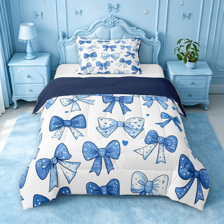 meiyoeat Polka Dots Bow Full Size Comforter Sets For Girls,Vintage Cute Coquette Bowknot Bedding Comforter Set For Kids,Navy Blue Reversible,3pcs