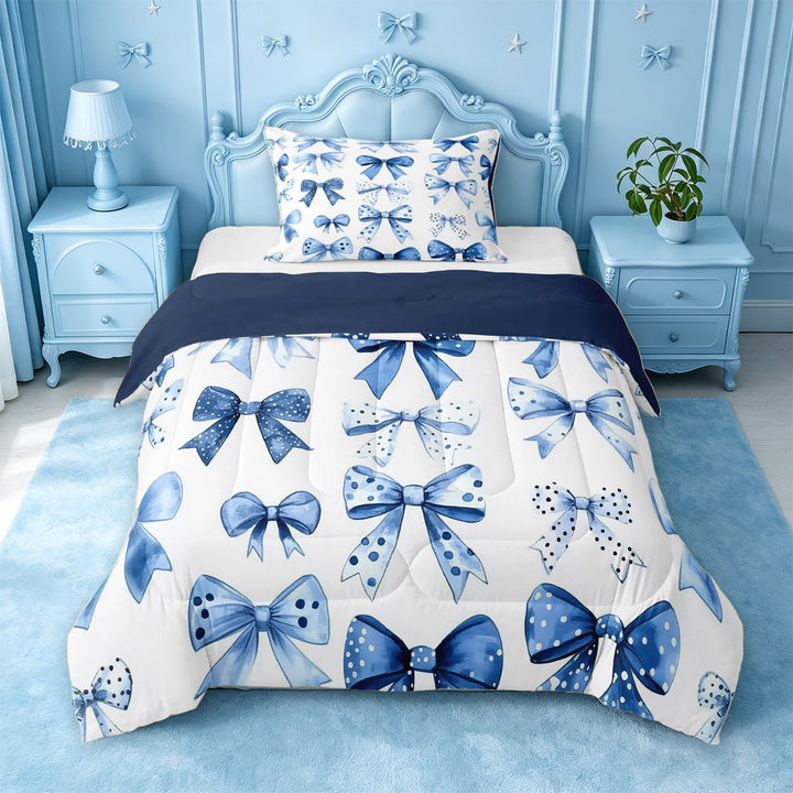 meiyoeat Cute Polka Dots Bow Full Size Comforter Sets For Girls,Blue Coquette Bowknot Bedding Comforter Set For Kids,Navy Blue Reversible,3-Piece