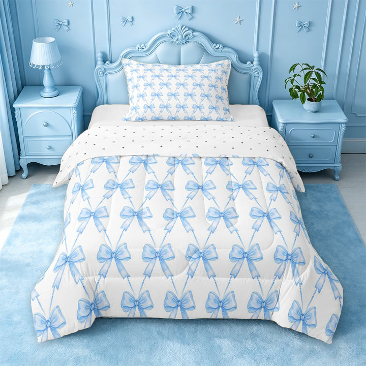 meiyoeat Blue Bowknot Full Size Comforter Sets For Kids Girls,Cute Ribbon Bows Bedding Comforter Set For Bowtie Lovers,Reversible,3 Pieces