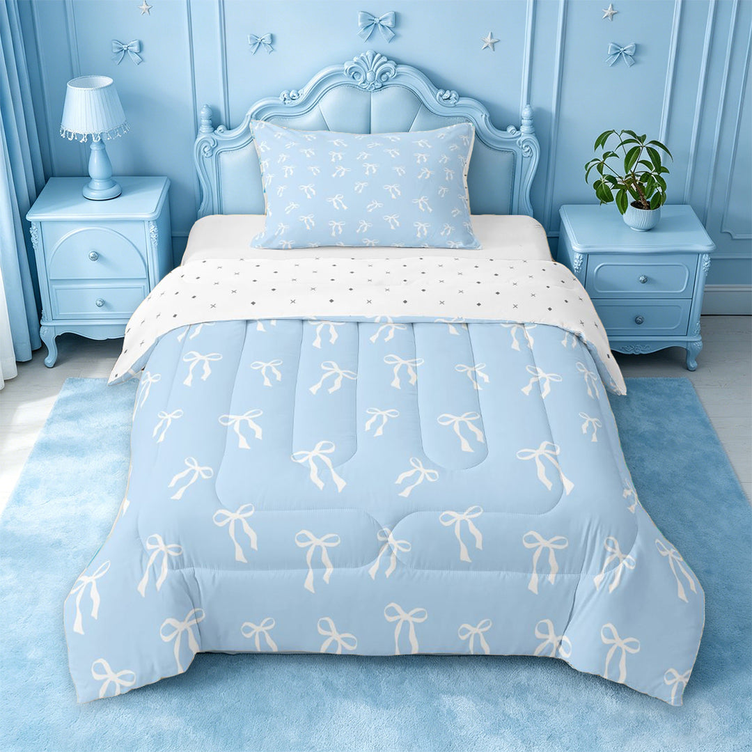 meiyoeat Girly Ribbon Bowknot Full Size Comforter Sets For Girls,Kawaii Bowtie Bedding Comforter Set For Kids,Reversible,3 Pieces