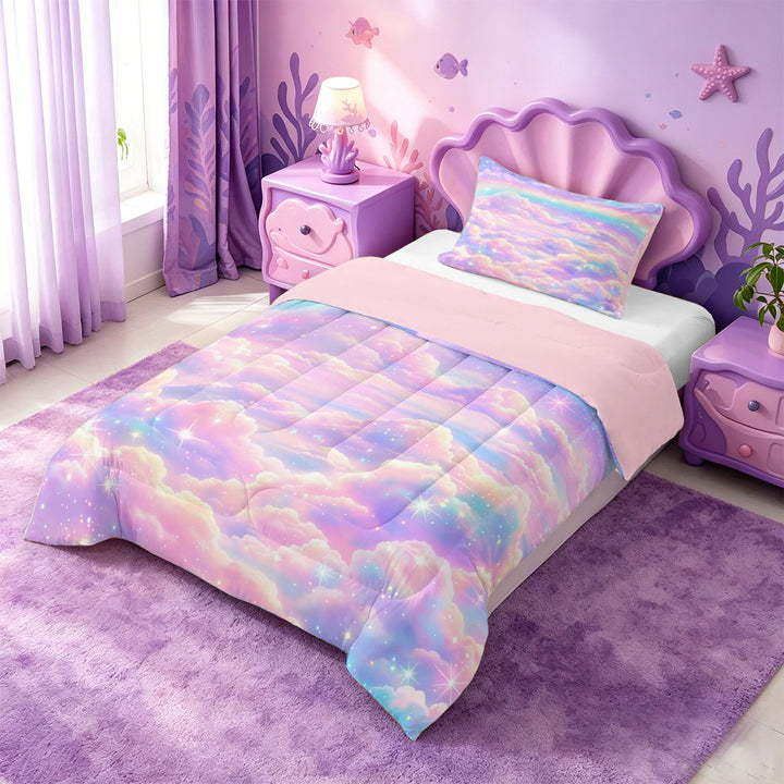 meiyoeat Pastel Cloud Star Full Size Comforter Sets,Colorful Rainbow Pattern Bedding Comforter Set For Girl,Reversible,3pcs,1 Comforter and 2 Pillowcases
