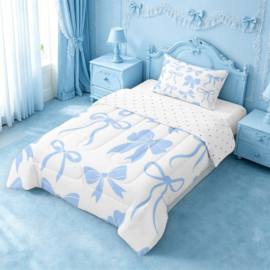 meiyoeat Blue Lovely Bow Full Size Comforter Sets For Girls,Dreamy Princess Bowknot Bedding Comforter Set For Kids,Reversible,3-Piece