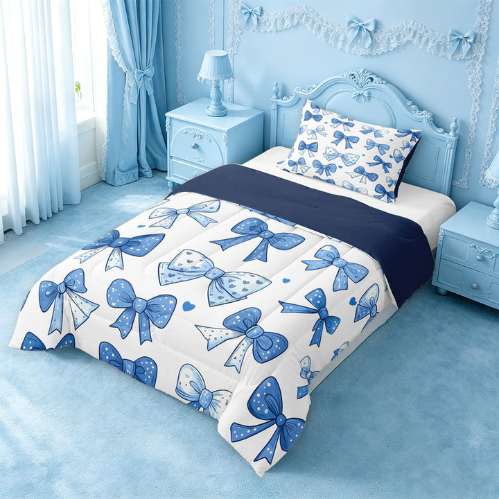 meiyoeat Polka Dots Bow Full Size Comforter Sets For Girls,Vintage Cute Coquette Bowknot Bedding Comforter Set For Kids,Navy Blue Reversible,3pcs