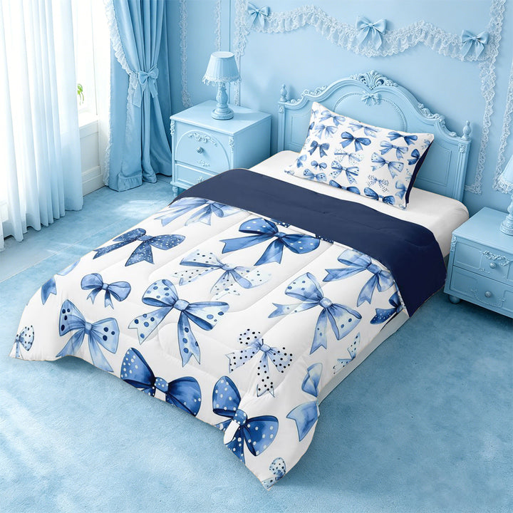 meiyoeat Cute Polka Dots Bow Full Size Comforter Sets For Girls,Blue Coquette Bowknot Bedding Comforter Set For Kids,Navy Blue Reversible,3-Piece