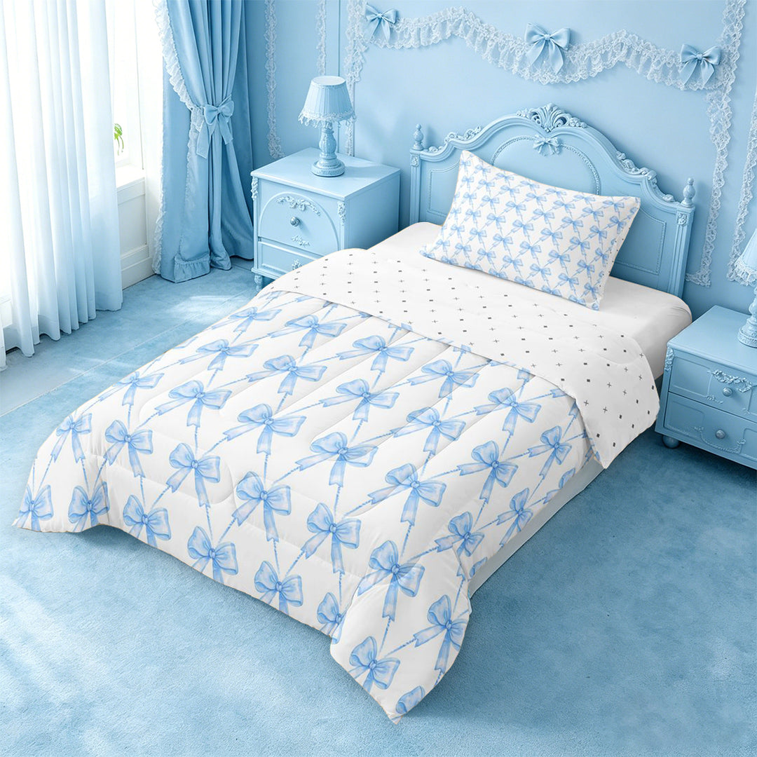 meiyoeat Blue Bowknot Full Size Comforter Sets For Kids Girls,Cute Ribbon Bows Bedding Comforter Set For Bowtie Lovers,Reversible,3 Pieces