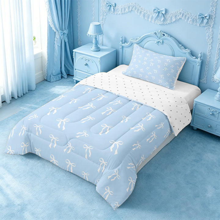 meiyoeat Girly Ribbon Bowknot Full Size Comforter Sets For Girls,Kawaii Bowtie Bedding Comforter Set For Kids,Reversible,3 Pieces