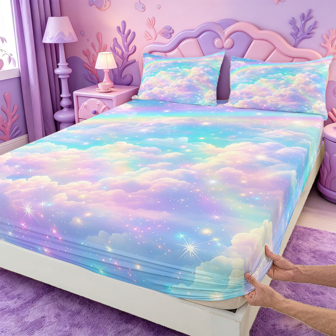 meiyoeat Rainbow Cloud Star Galaxy Bed Sheets,Dreamy Sky Pattern Full Size Sheets For Girl,4 Pieces,1 Flat Sheet,1 Fitted Sheet and 2 Pillowcases
