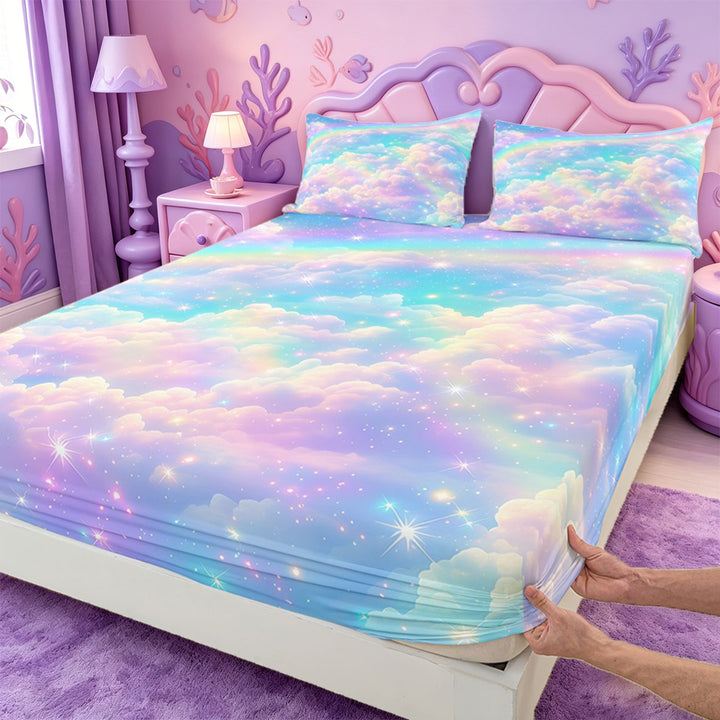 meiyoeat Rainbow Cloud Star Galaxy Bed Sheets,Dreamy Sky Pattern Full Size Sheets For Girl,4 Pieces,1 Flat Sheet,1 Fitted Sheet and 2 Pillowcases