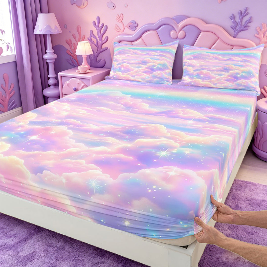 meiyoeat Pastel Cloud Star Bed Sheets,Colorful Rainbow Pattern Full Size Sheets For Girl,4pcs,1 Flat Sheet,1 Fitted Sheet and 2 Pillowcases